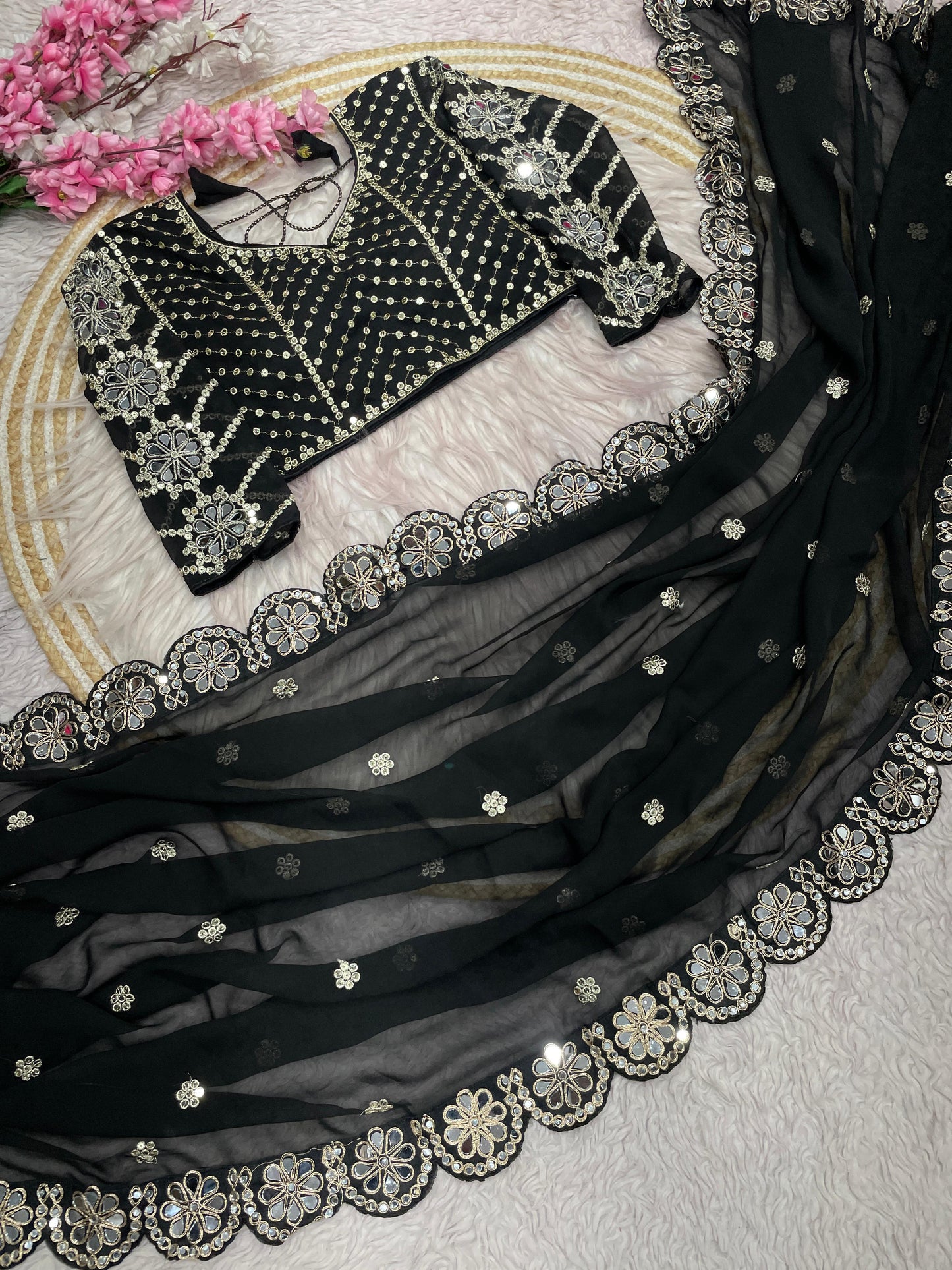 Heavy Coading Lace Border in Saree with Original Mirror