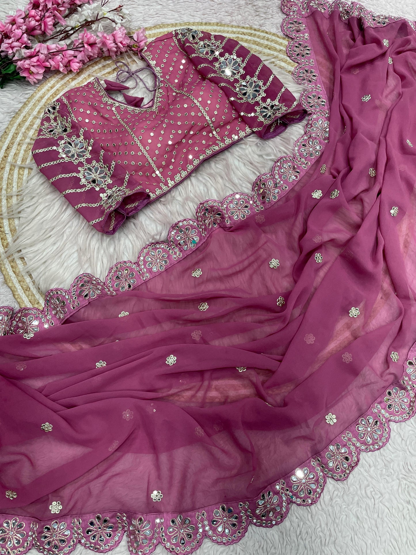 Designer Fox Georgette Saree with Heavy Embroidery & Real Mirror