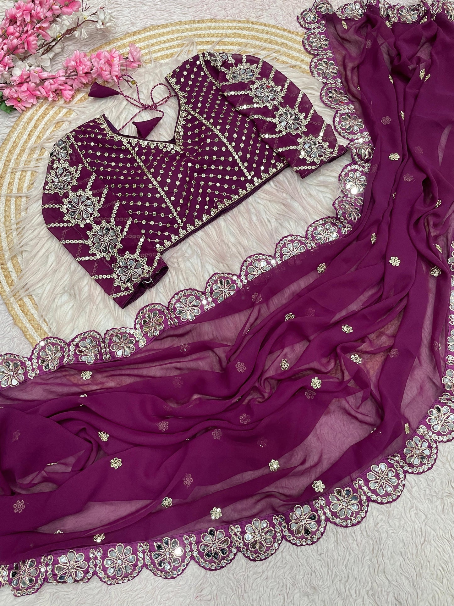 Designer Fox Georgette Saree with Heavy Embroidery & Real Mirror