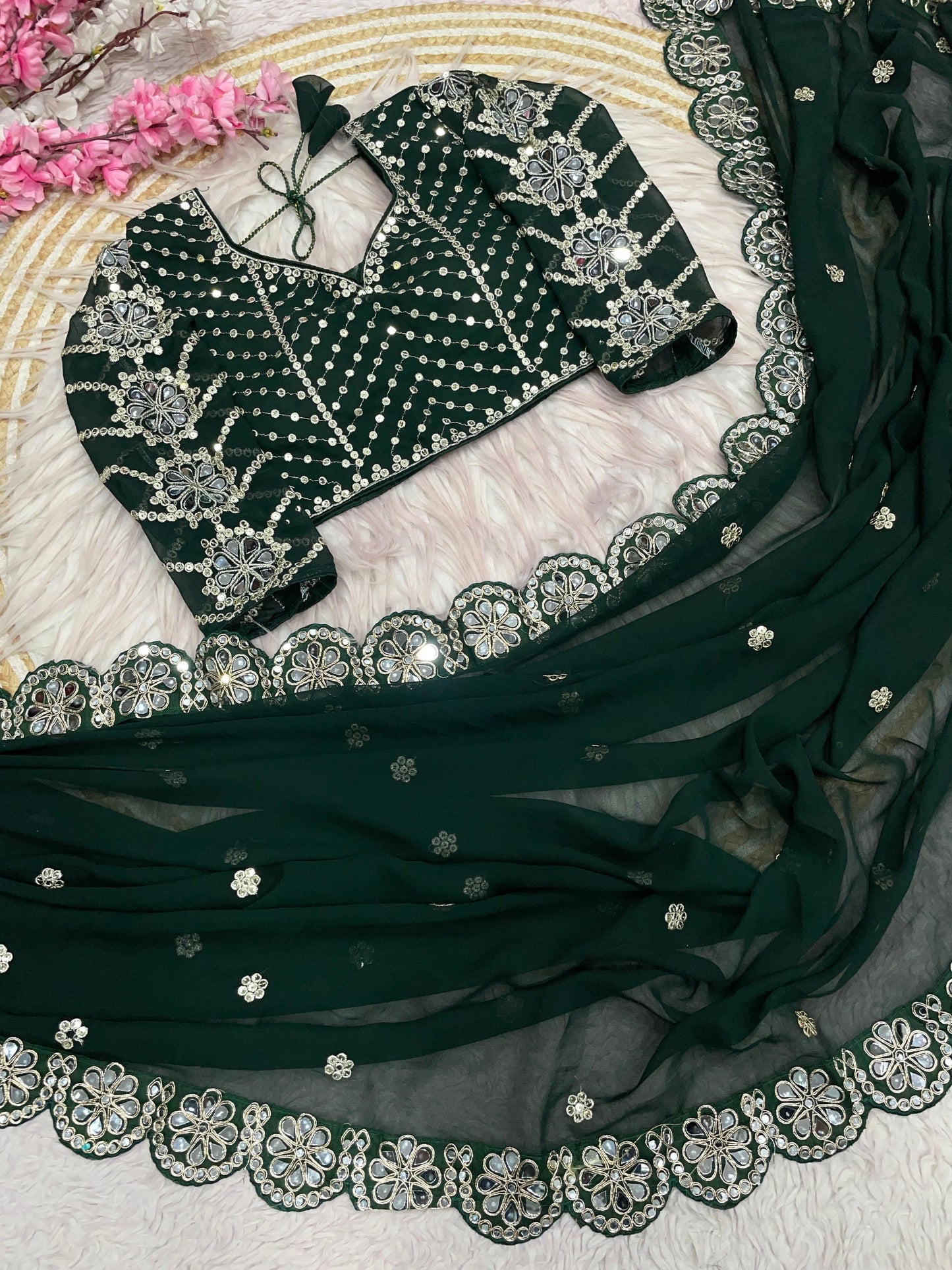 Designer Fox Georgette Saree with Heavy Embroidery & Real Mirror