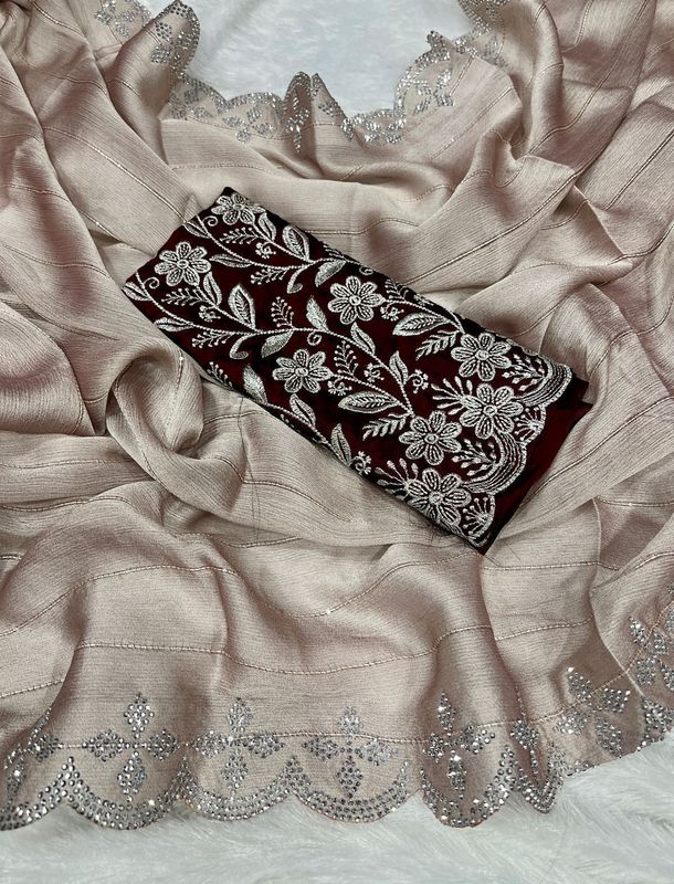 Moss Chiffon Saree with Siroski Sequence Border & Embroidery Blouse