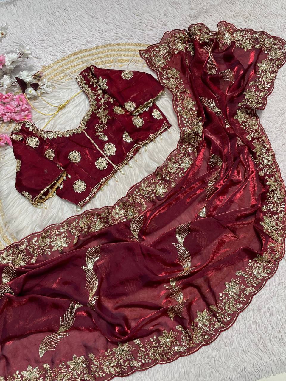 Premium Fendy Satin Sequin Saree Luxury Embroidery