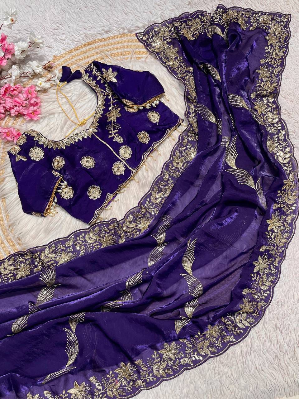 Premium Fendy Satin Sequin Saree Luxury Embroidery