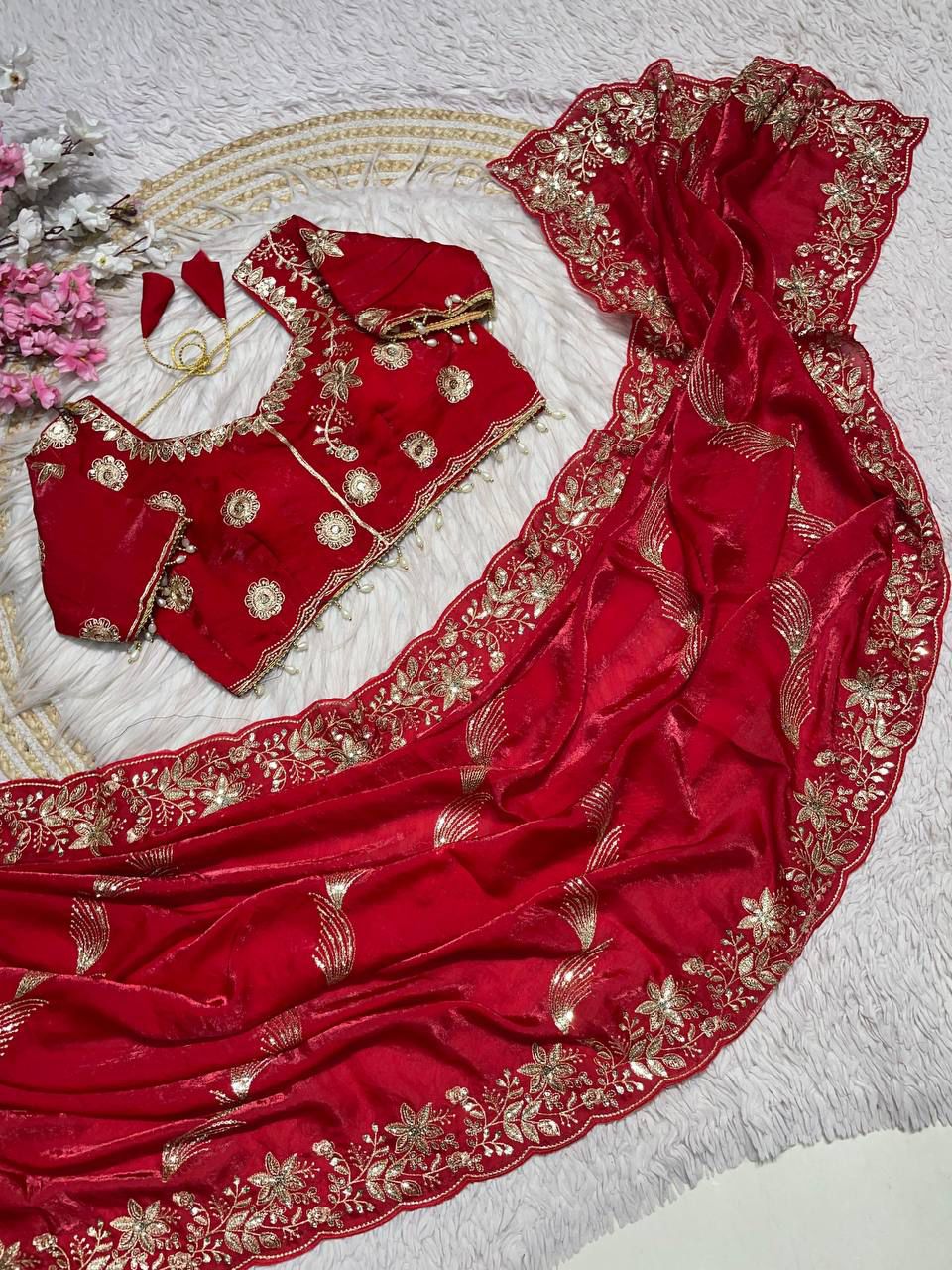 Premium Fendy Satin Sequin Saree Luxury Embroidery