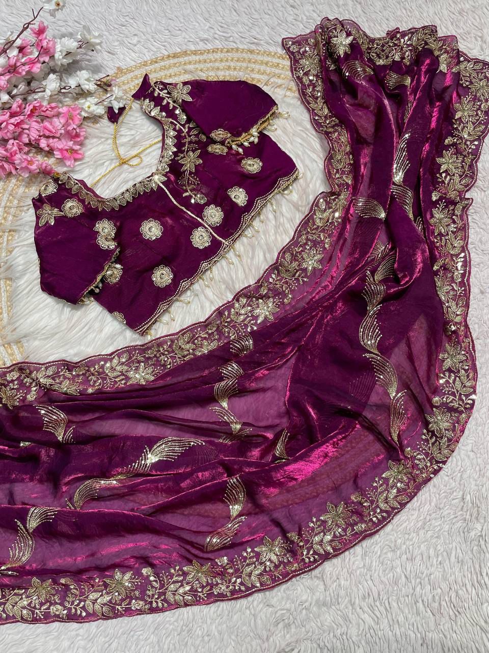 Premium Fendy Satin Sequin Saree Luxury Embroidery