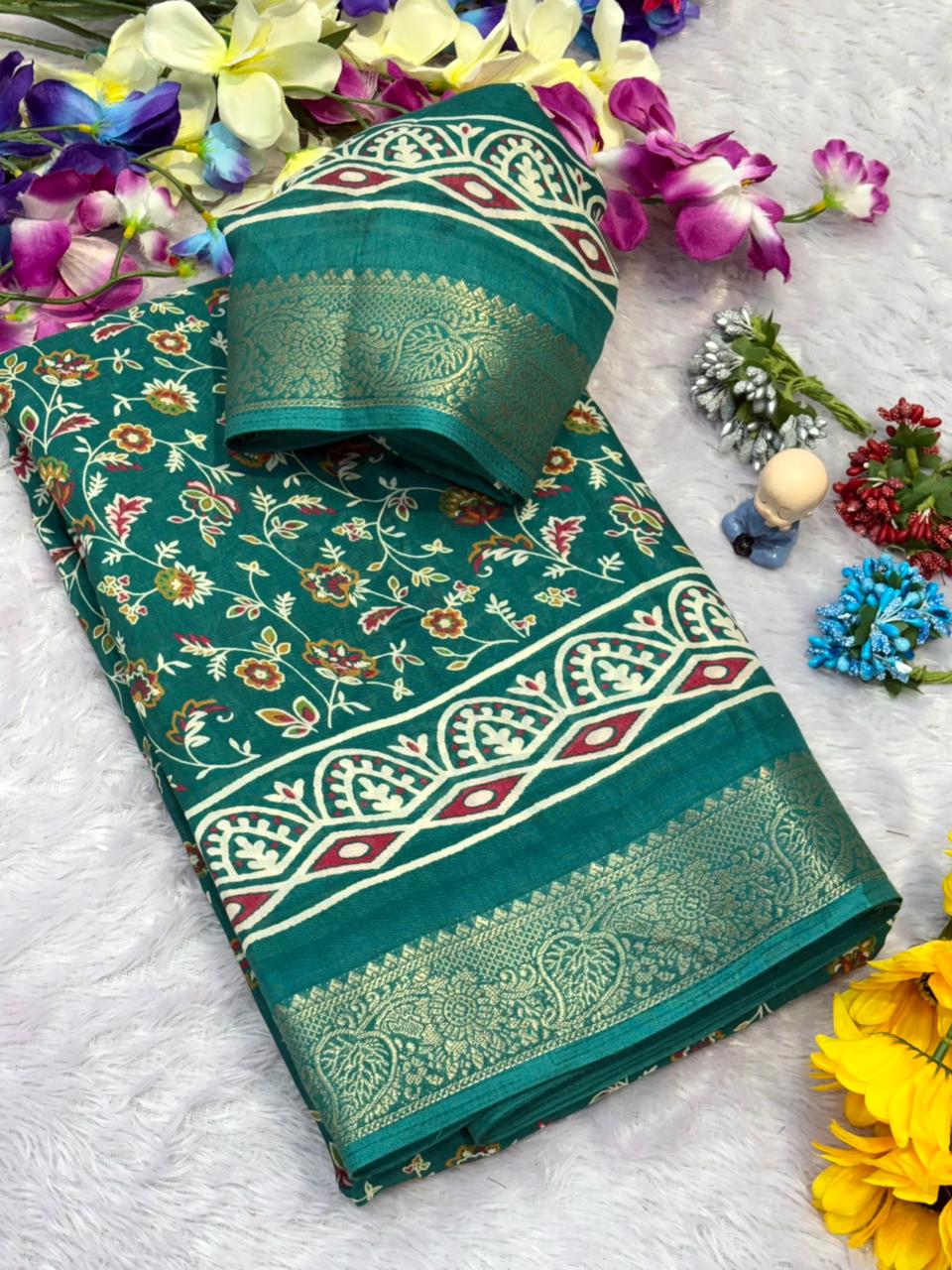 Premium Dola Silk Saree Printed All Over & Jekad Border