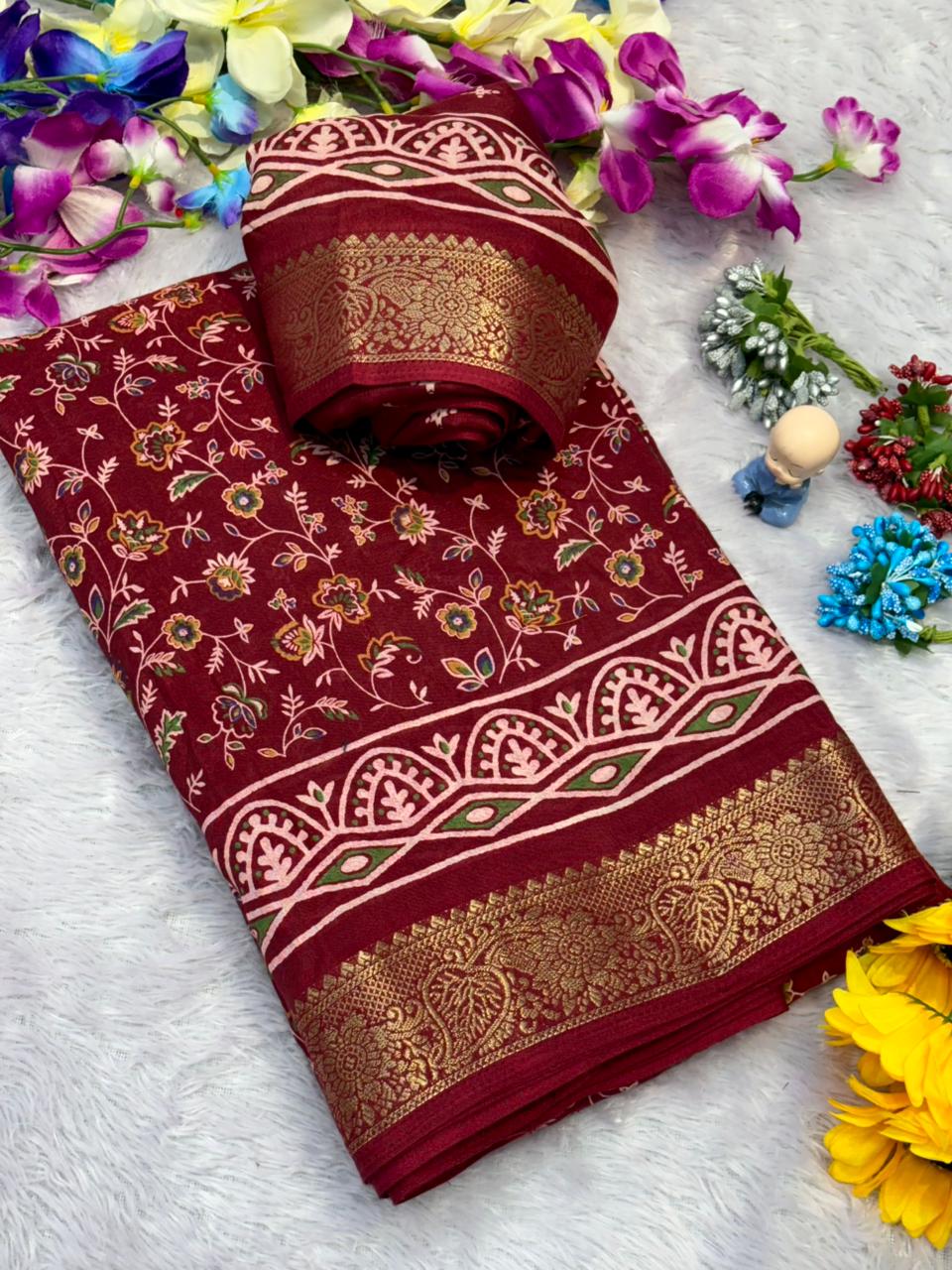 Premium Dola Silk Saree Printed All Over & Jekad Border