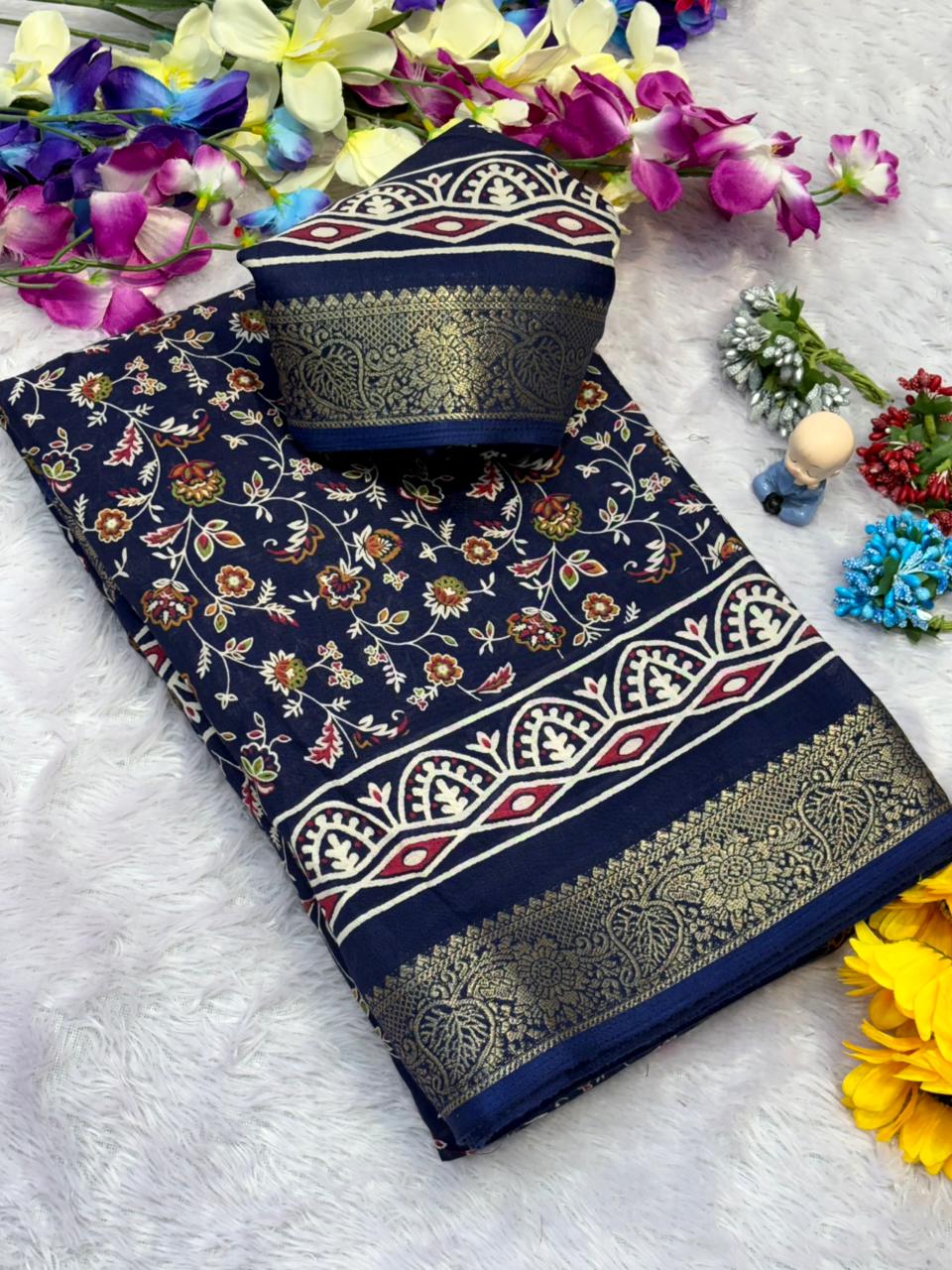 Premium Dola Silk Saree Printed All Over & Jekad Border