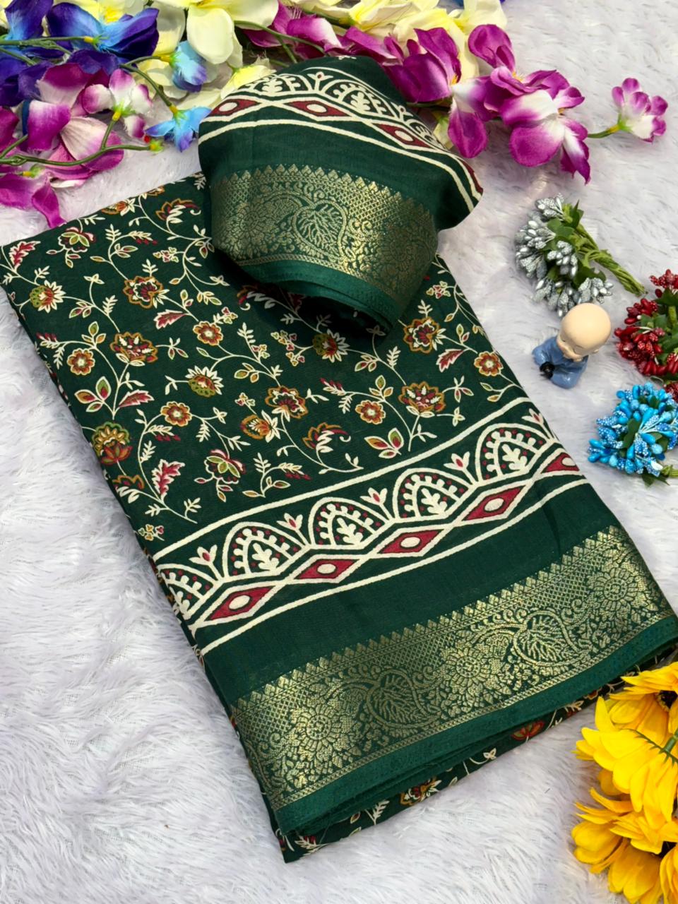 Premium Dola Silk Saree Printed All Over & Jekad Border