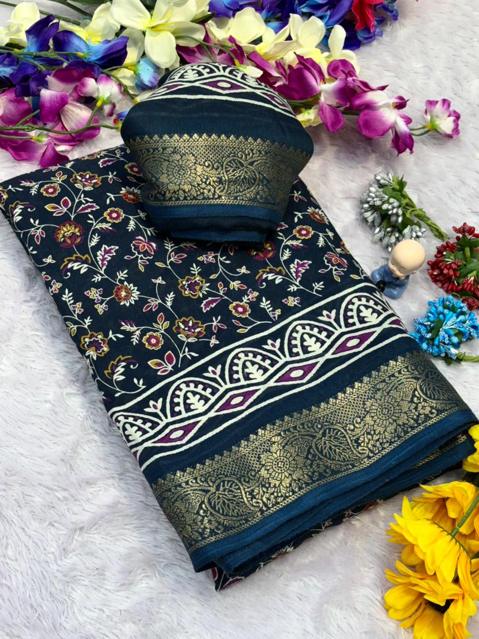 Premium Dola Silk Saree Printed All Over & Jekad Border
