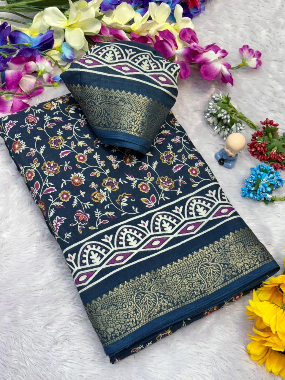Premium Dola Silk Saree Printed All Over & Jekad Border