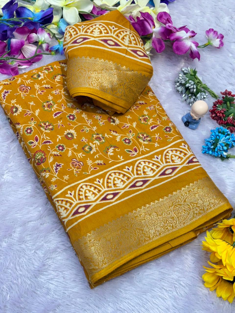 Premium Dola Silk Saree Printed All Over & Jekad Border