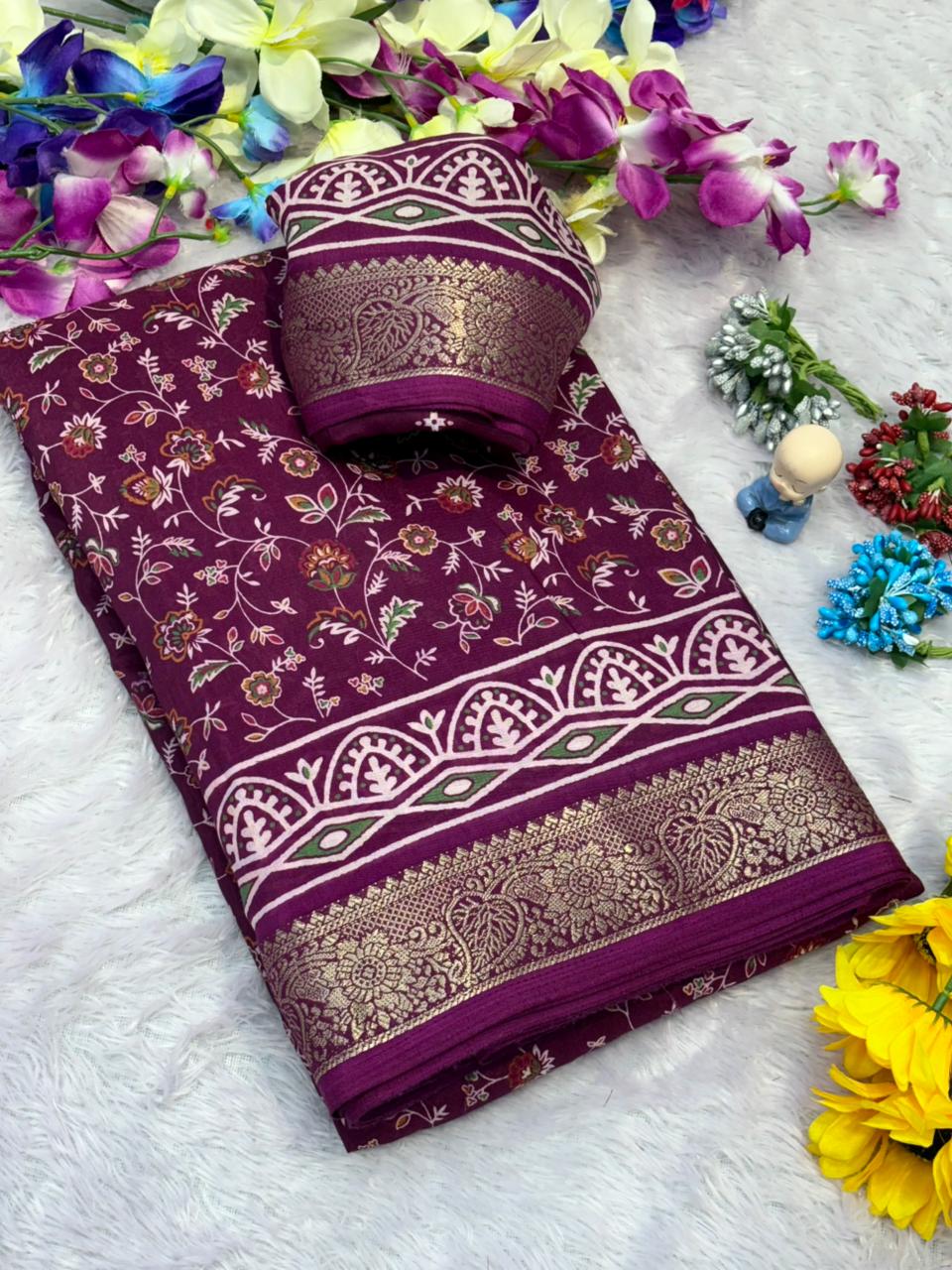 Premium Dola Silk Saree Printed All Over & Jekad Border