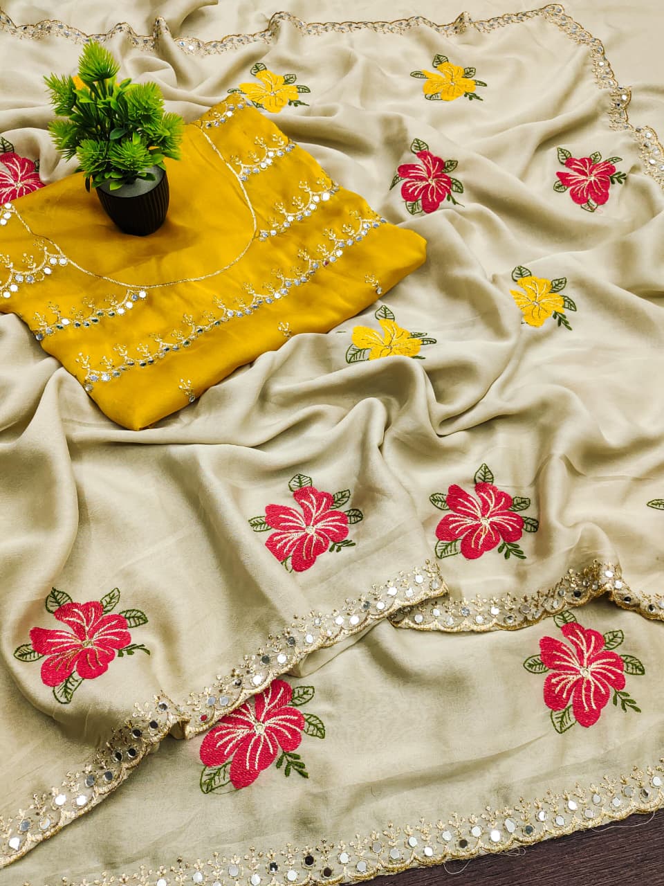 Soft Rangoli Silk Premium Embroidered Mirror Work Saree