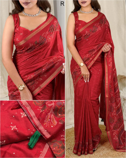 Premium Kashmiri Style Printed Mul Cotton Saree with Thread & Sequin Work