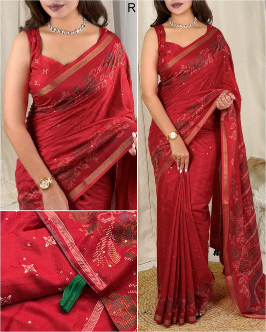 Premium Kashmiri Style Printed Mul Cotton Saree with Thread & Sequin Work