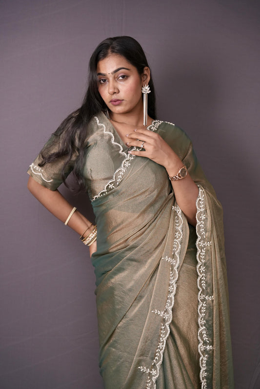 Premium NC Moss Saree with Elegant Khatli Handwork
