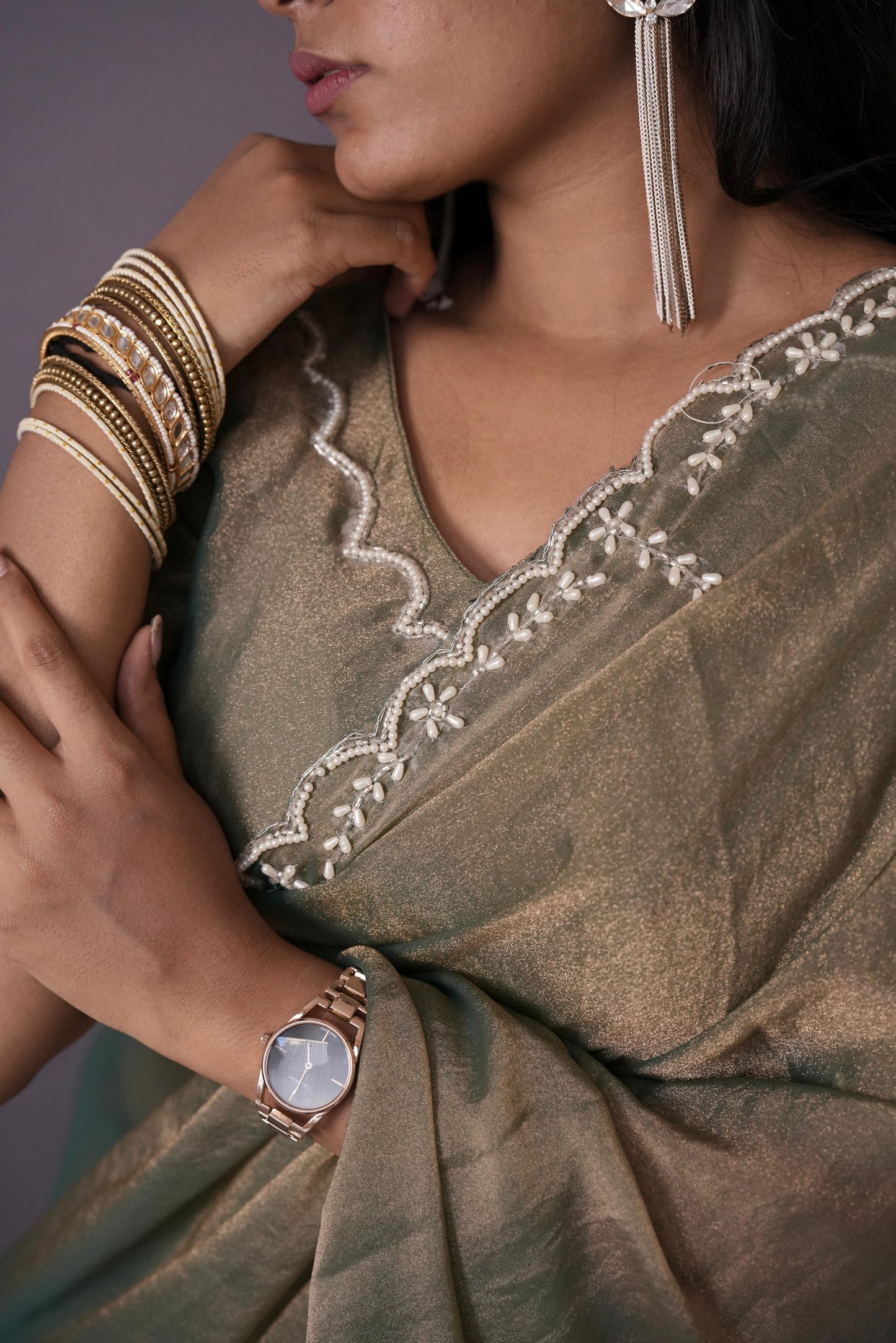 Premium NC Moss Saree with Elegant Khatli Handwork