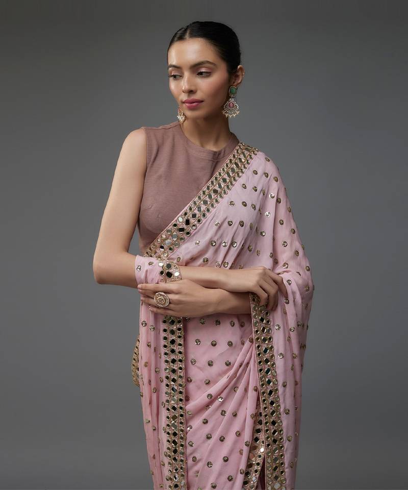 Heavy Faux Georgette Saree with 5MM Sequin Butti Work & Coding Embroidery Mirror Lace Border
