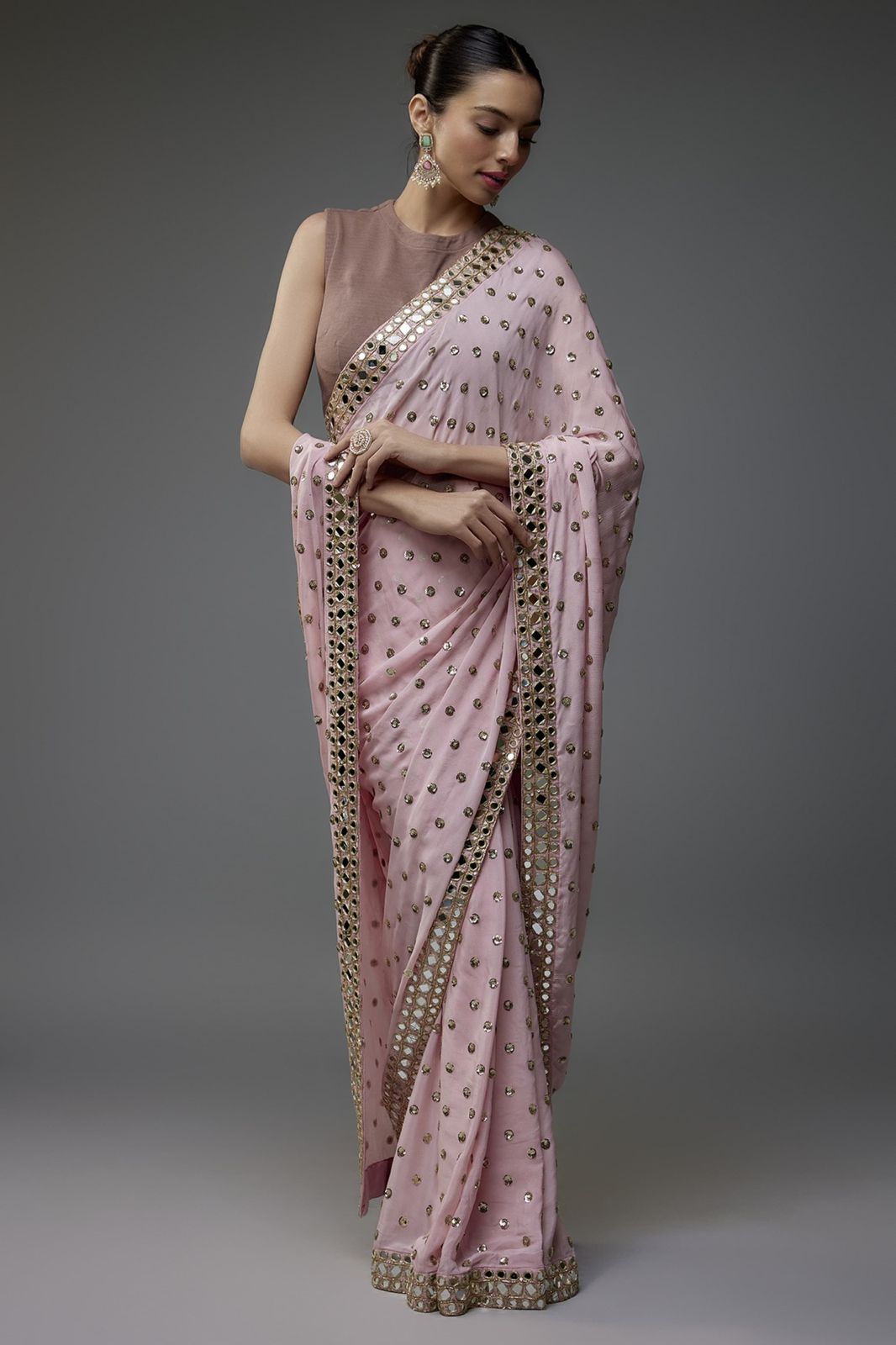 Heavy Faux Georgette Saree with 5MM Sequin Butti Work & Coding Embroidery Mirror Lace Border