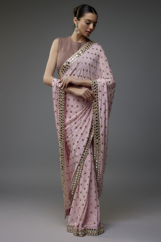 Heavy Faux Georgette Saree with 5MM Sequin Butti Work & Coding Embroidery Mirror Lace Border