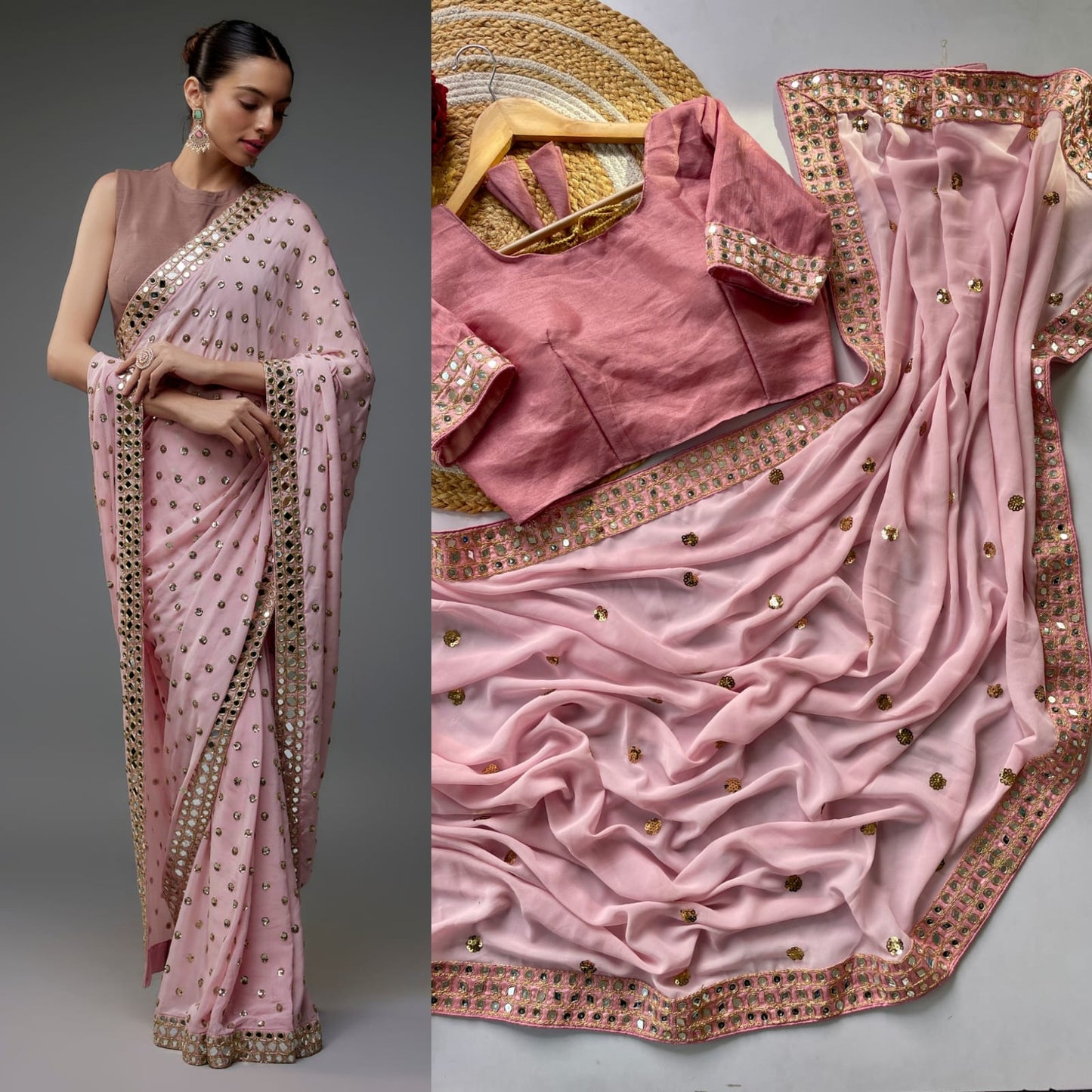 Heavy Faux Georgette Saree with 5MM Sequin Butti Work & Coding Embroidery Mirror Lace Border