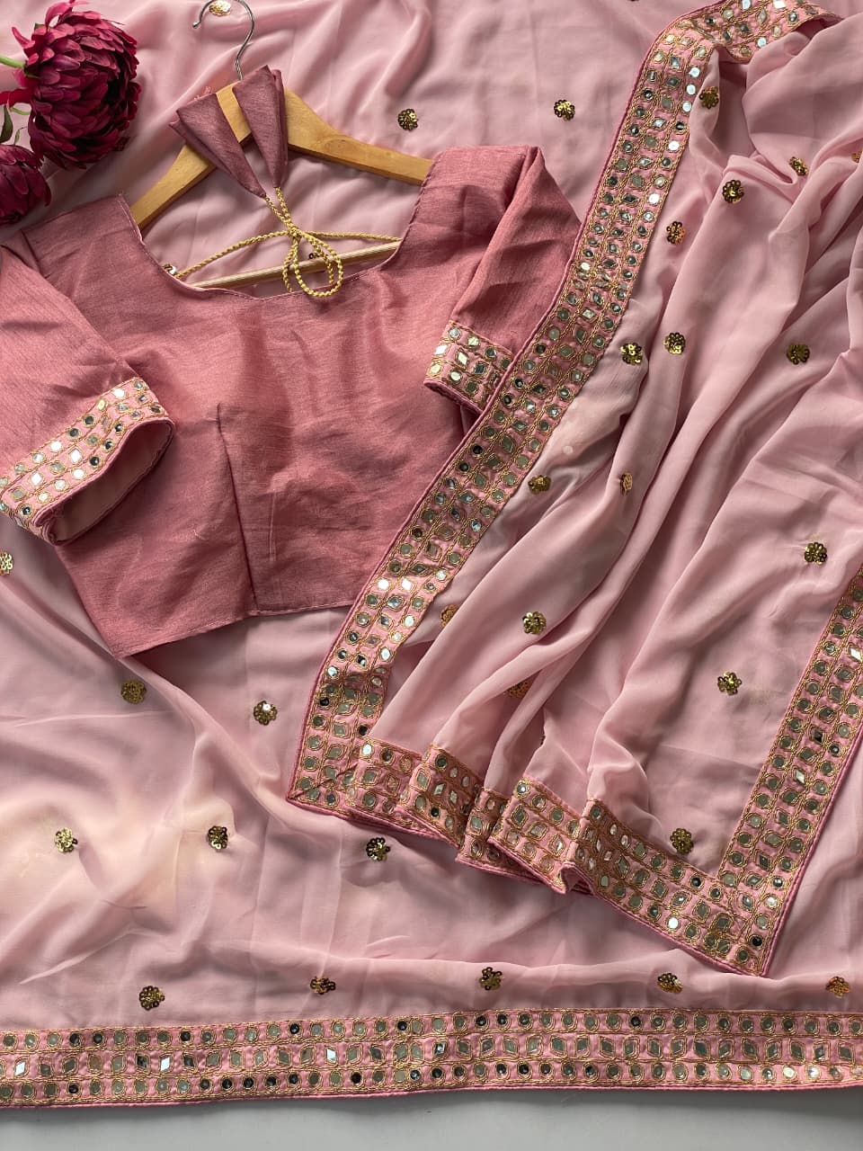 Heavy Faux Georgette Saree with 5MM Sequin Butti Work & Coding Embroidery Mirror Lace Border