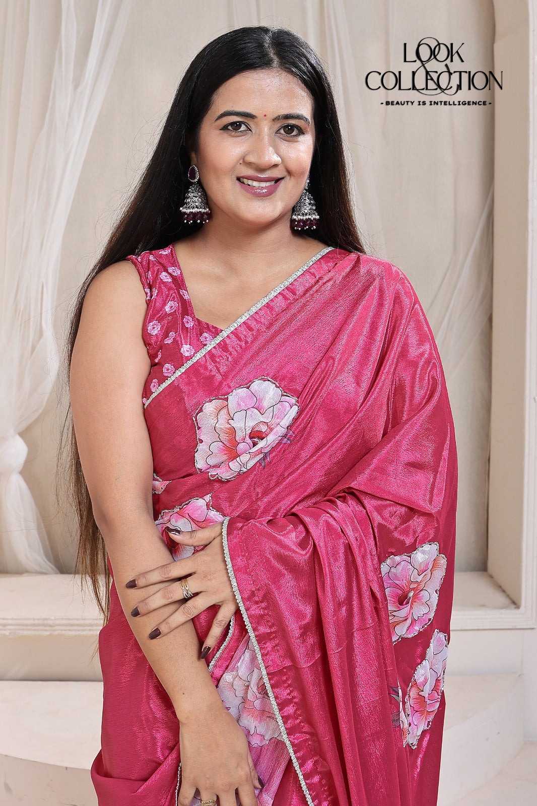 Floral Handwork Printed Pure Chinon fabric Saree