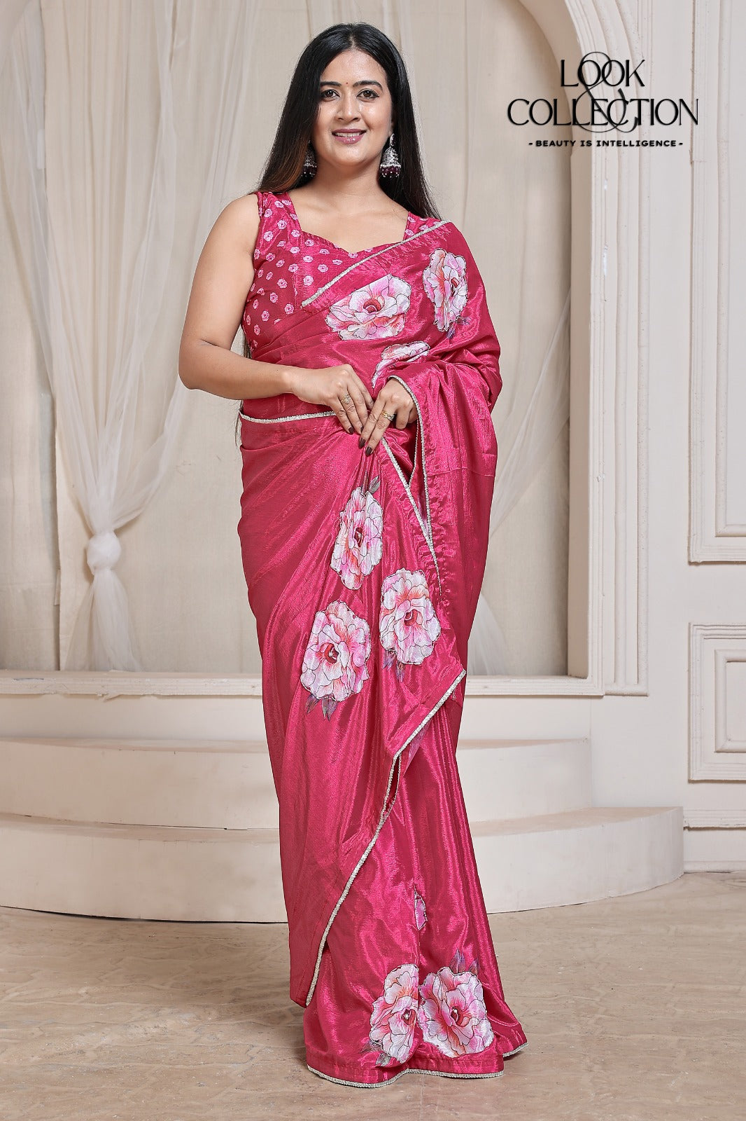 Floral Handwork Printed Pure Chinon fabric Saree