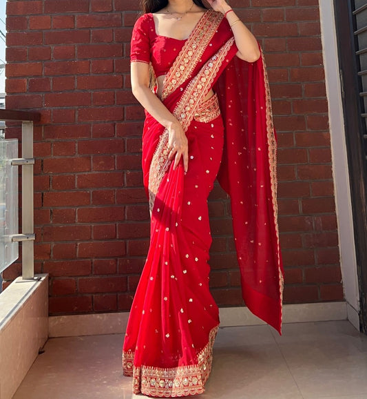 Designer Pure Georgette Saree with Sequins & Dori Embroidery Lace Border