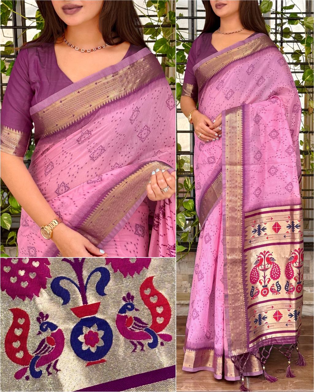 Cotton Bandhej Jacquard Saree with Zari & Minakari Pallu