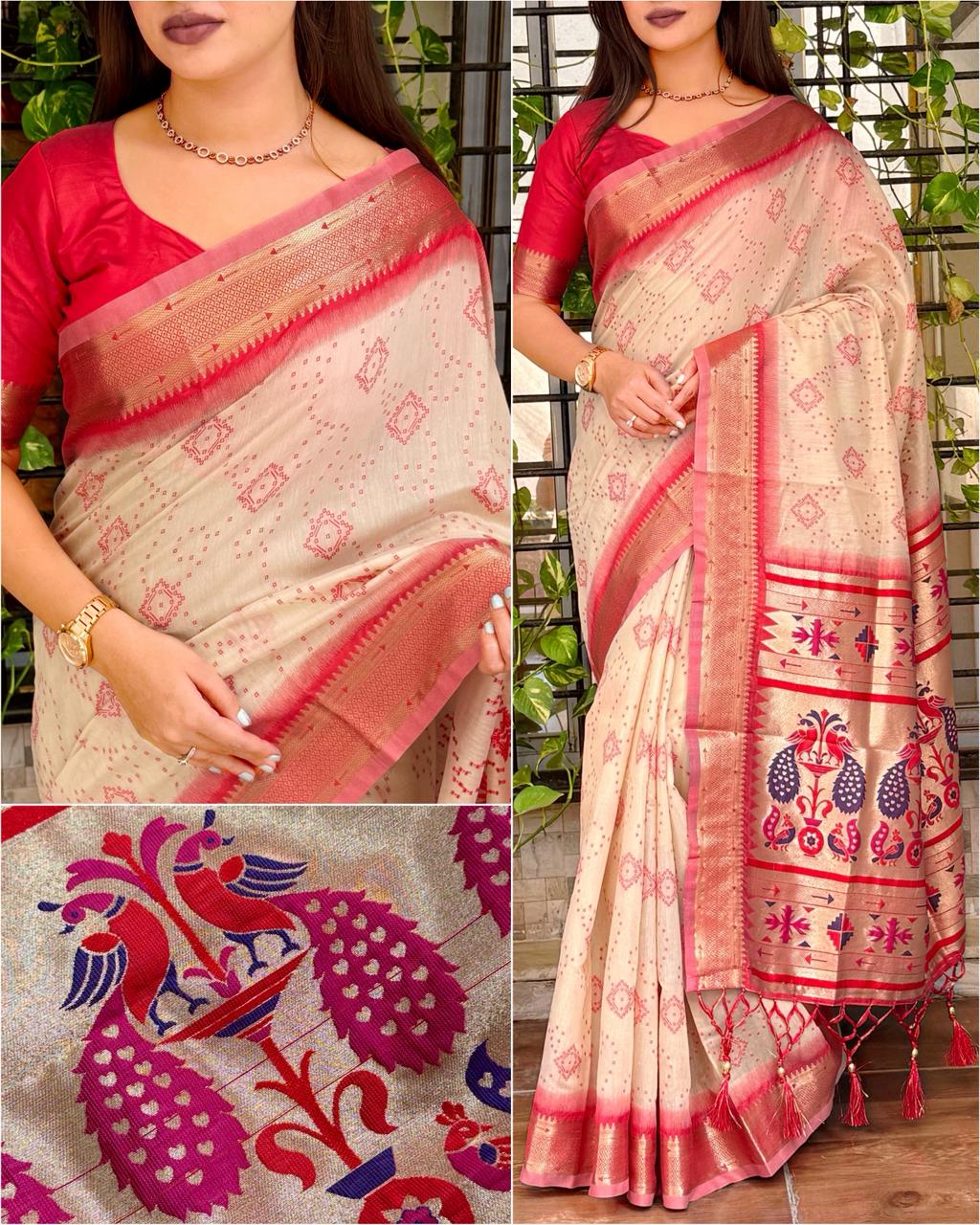 Cotton Bandhej Jacquard Saree with Zari & Minakari Pallu