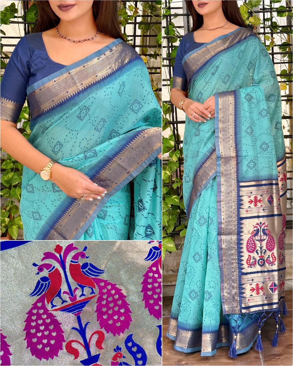 Cotton Bandhej Jacquard Saree with Zari & Minakari Pallu