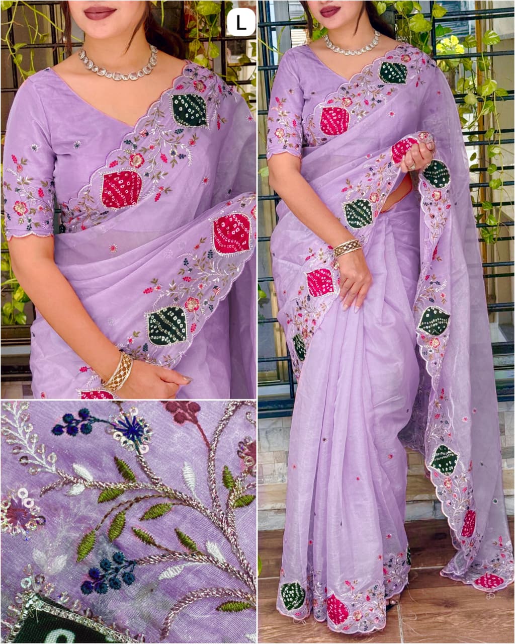 Luxury Crystal Tissue Saree with Zari Embroidery & Bandhej Hand Applique Border