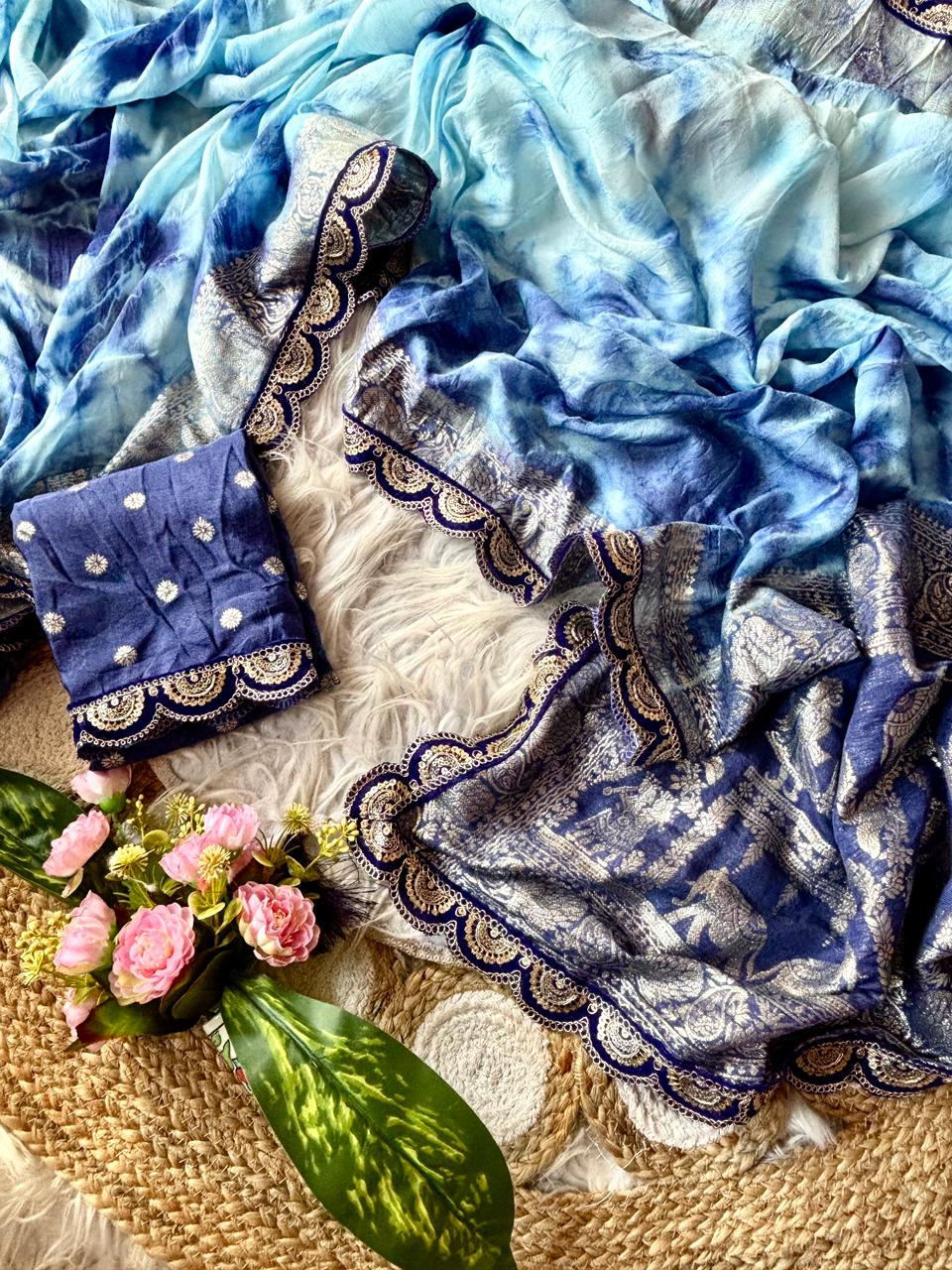 Soft & Elegant Hand-Dyed Viscose Saree with Zari Work & Designer Lace