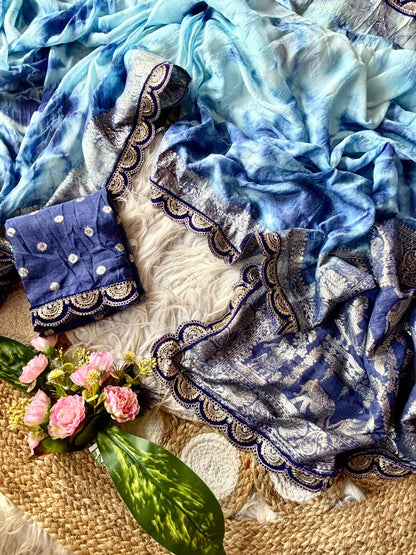 Soft & Elegant Hand-Dyed Viscose Saree with Zari Work & Designer Lace