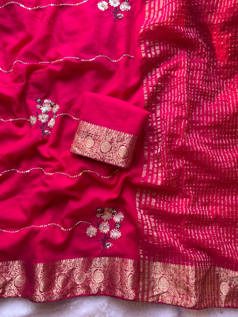 Luxury Shimmer Chiffon Saree with Jacquard Border & Kardana Handwork