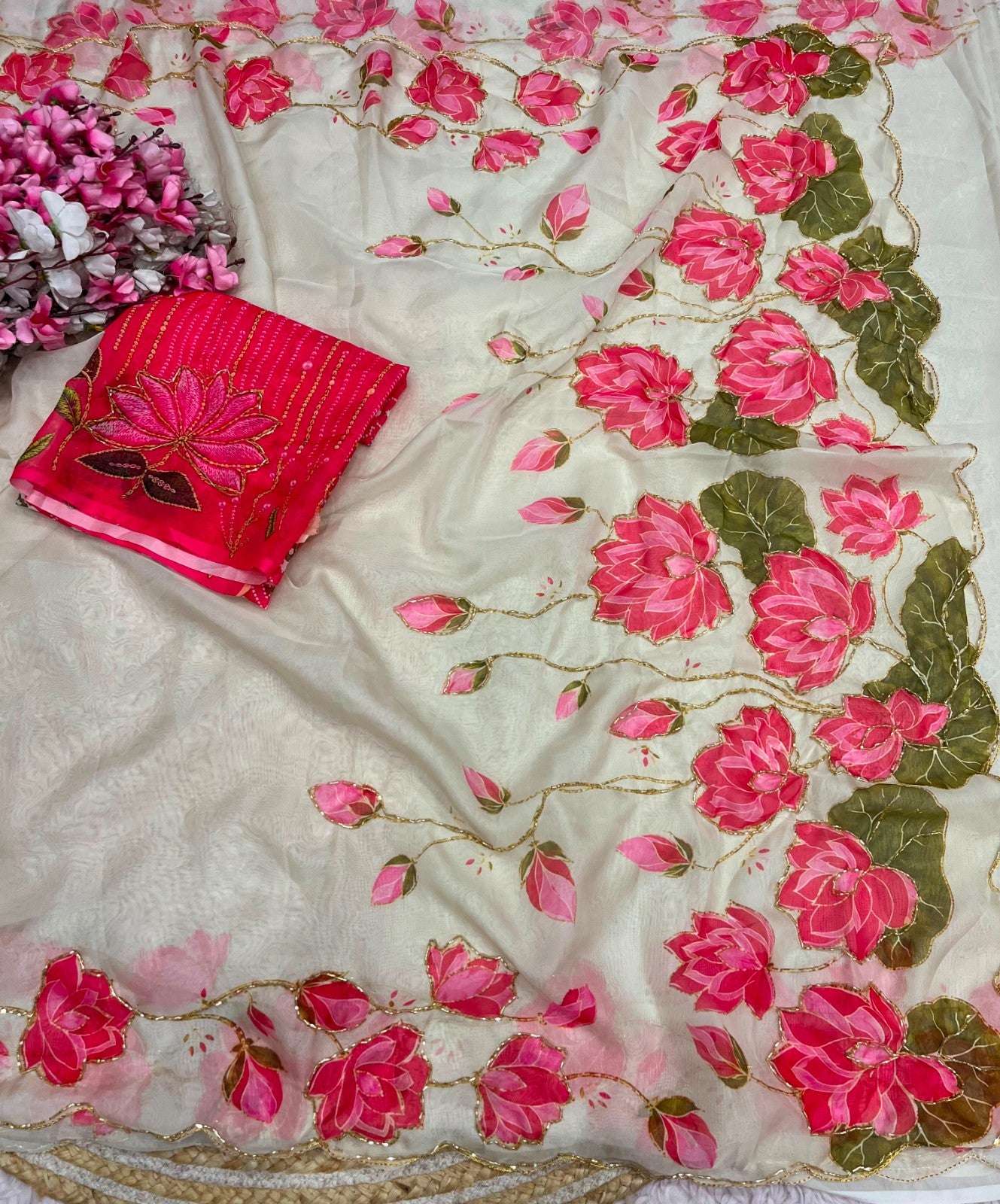 Bollywood Trending Tebby Organza Saree with Lotus Floral Print & Cutdana Work