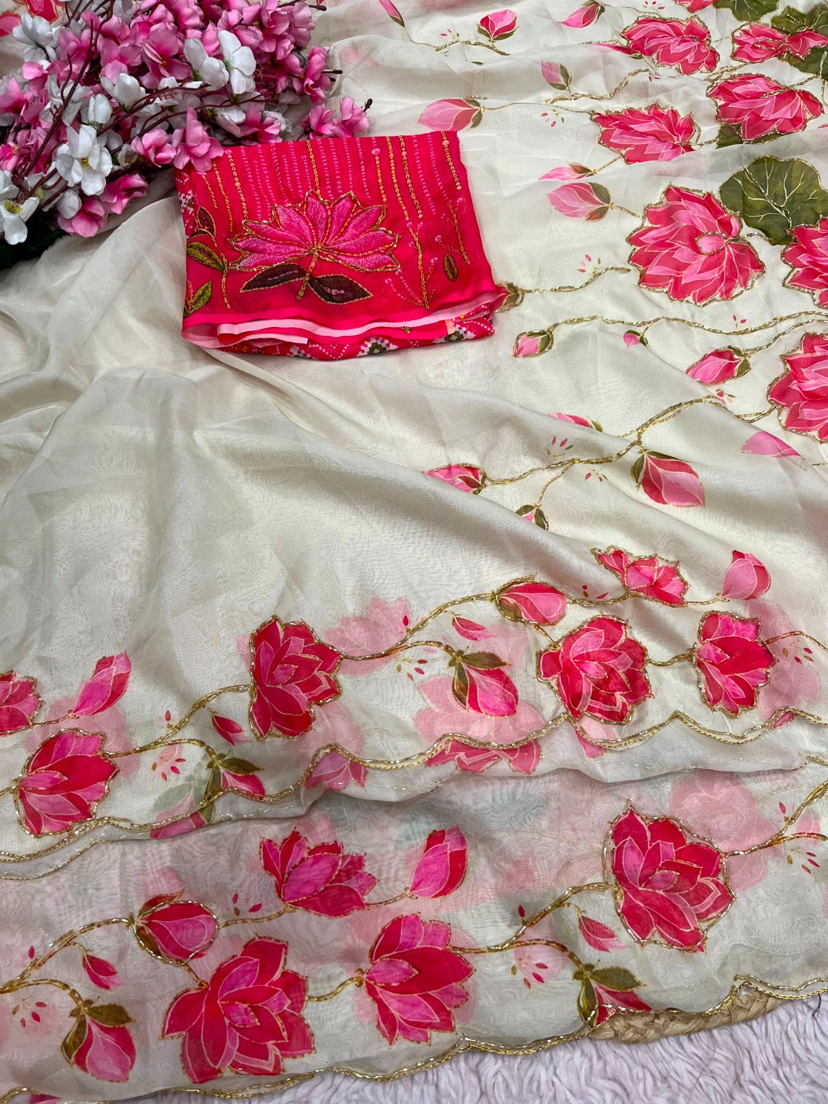 Bollywood Trending Tebby Organza Saree with Lotus Floral Print & Cutdana Work