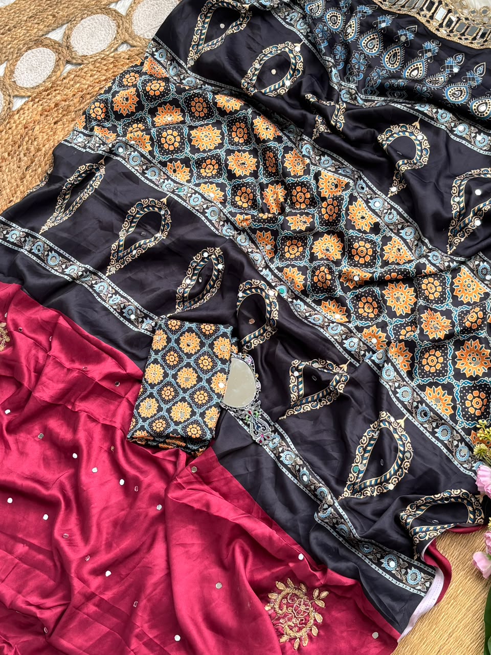 Beautiful Soft And Elegant Original Japan Satin Ajarak Print Saree