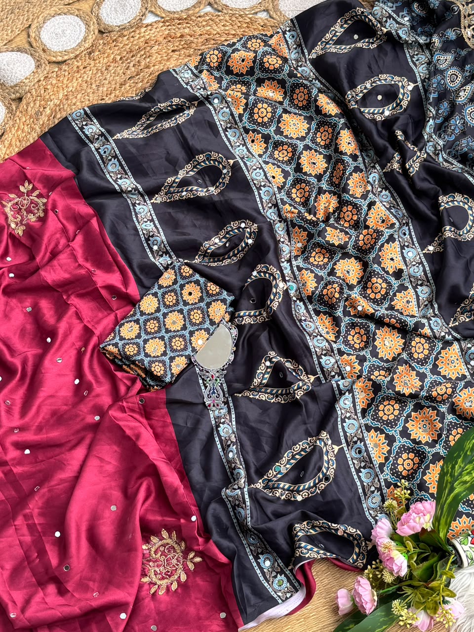Beautiful Soft And Elegant Original Japan Satin Ajarak Print Saree