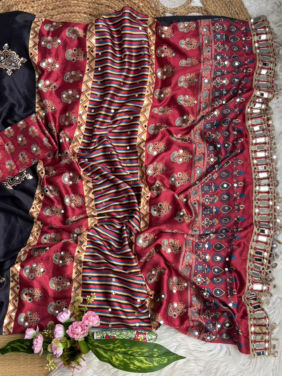 Beautiful Soft And Elegant Original Japan Satin Ajarak Print Saree