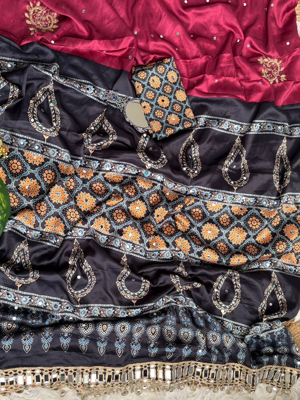 Beautiful Soft And Elegant Original Japan Satin Ajarak Print Saree