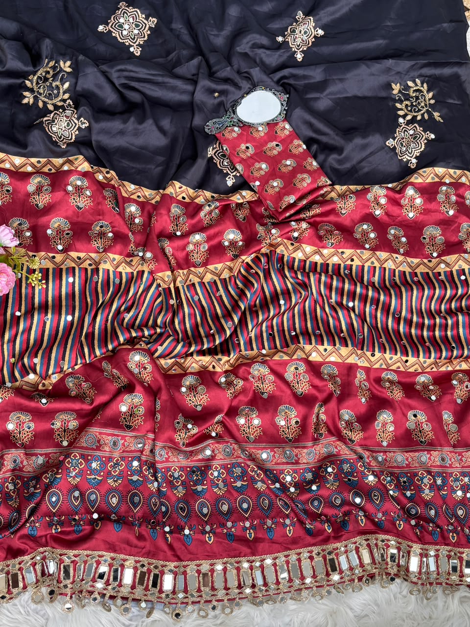 Beautiful Soft And Elegant Original Japan Satin Ajarak Print Saree
