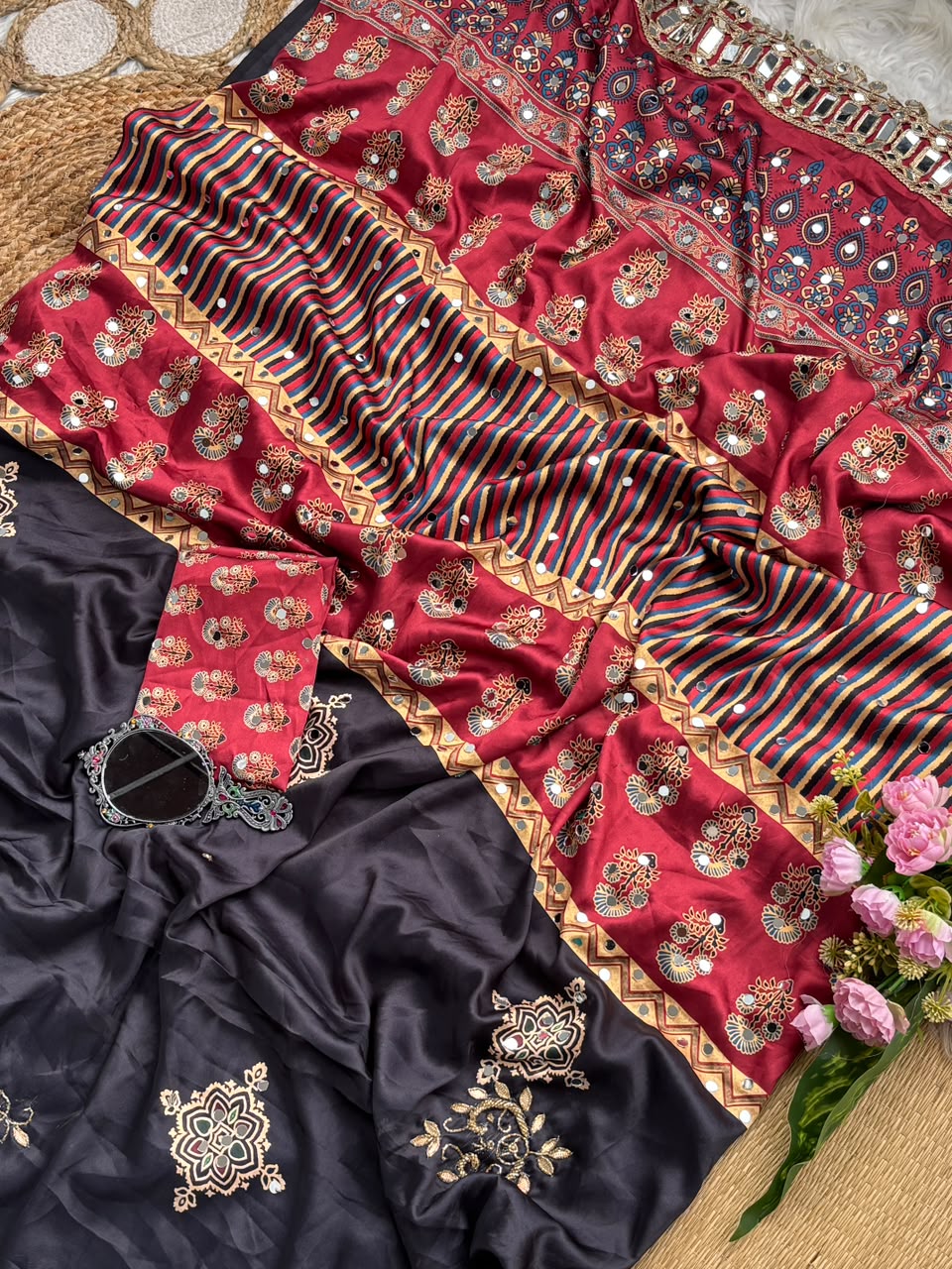 Beautiful Soft And Elegant Original Japan Satin Ajarak Print Saree