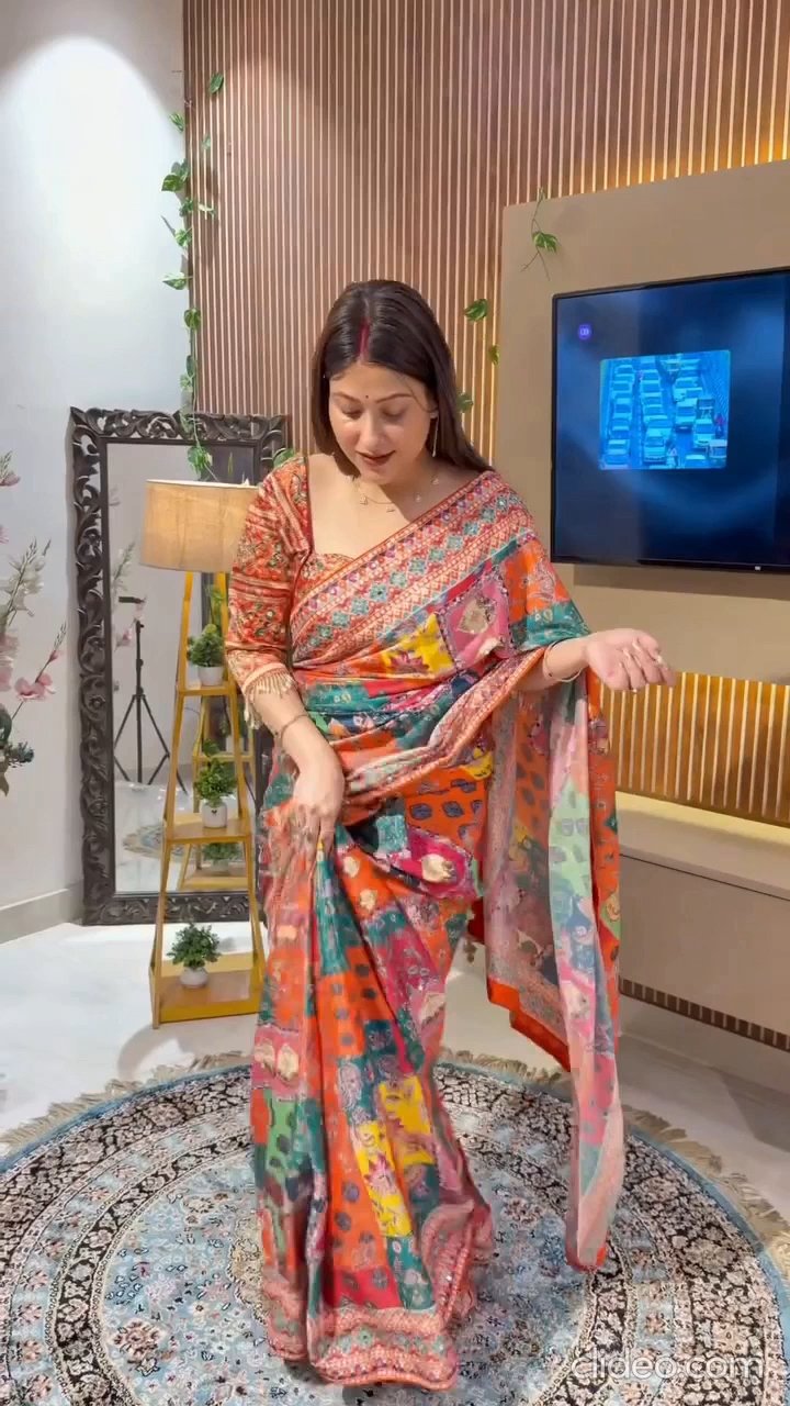 Designer Printed Chinnon Saree with Handcrafted Mirror & Zari Detailing