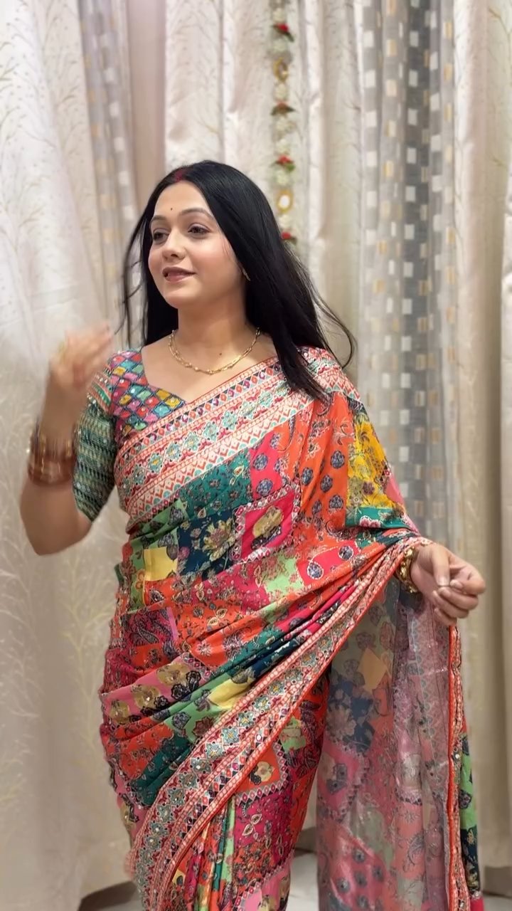 Designer Printed Chinnon Saree with Handcrafted Mirror & Zari Detailing