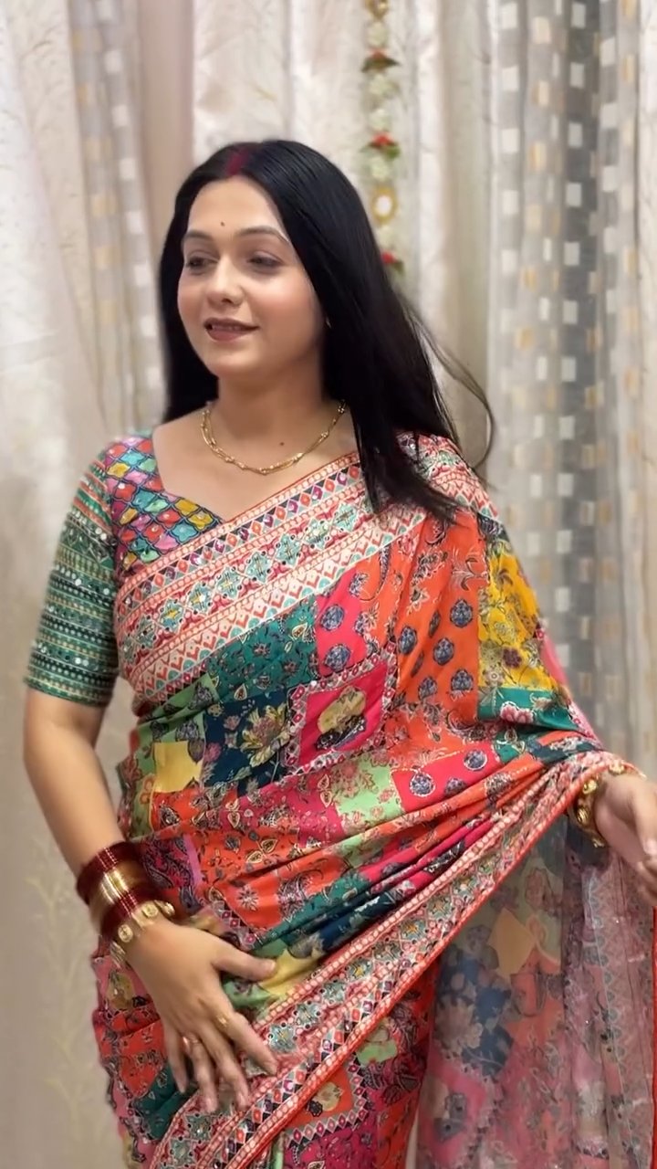 Designer Printed Chinnon Saree with Handcrafted Mirror & Zari Detailing