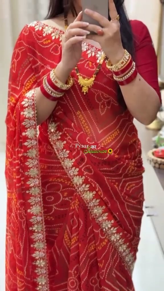 Special Saawan Red Bandhani Heavy Georgette Designer Saree with Gota Patti