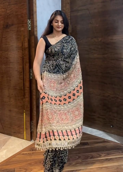 Ajrakh Print Satin Crepe Mirror Work Saree